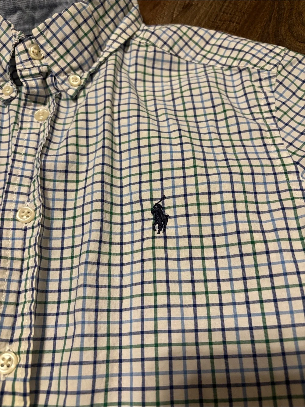 Boy’s Ralph Lauren White Button-Up Shirt with Blue and Green Windowpane Check